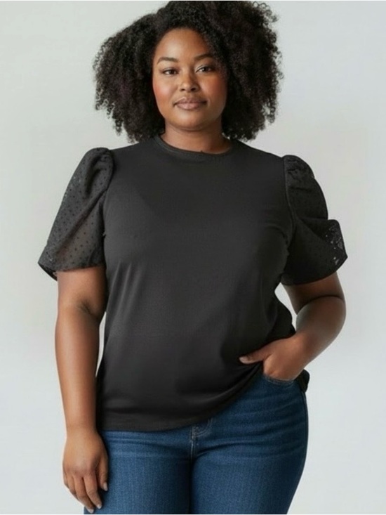 Adrianna Papell Tops - Adrianna Papell Black Mixed Media Top Sheer Dot Puff Sleeves XL Corporate Goth